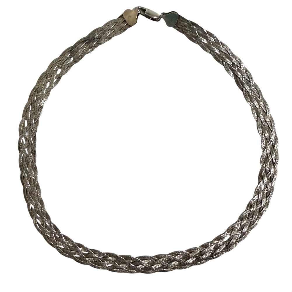 Necklace Womens 18in Silver Braided‎ Herringbone 925 Italy Woven Chain Statement